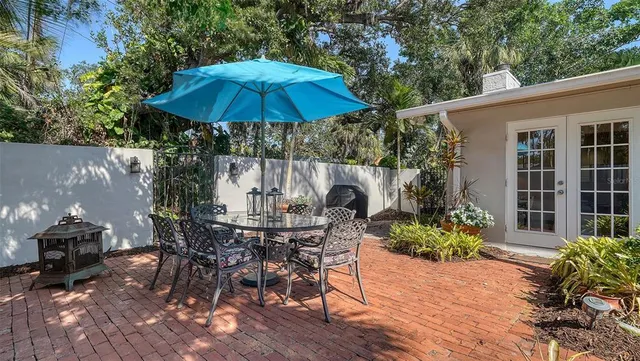 a view of a table and chairs under an umbrella in patio