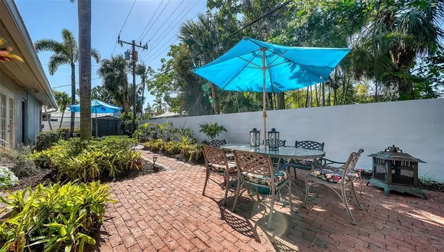 a view of backyard with swimming pool and outdoor seating