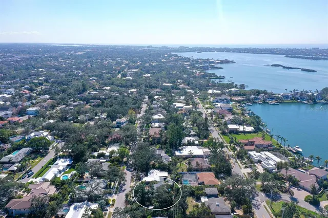 an aerial view of a house with a yard and large trees