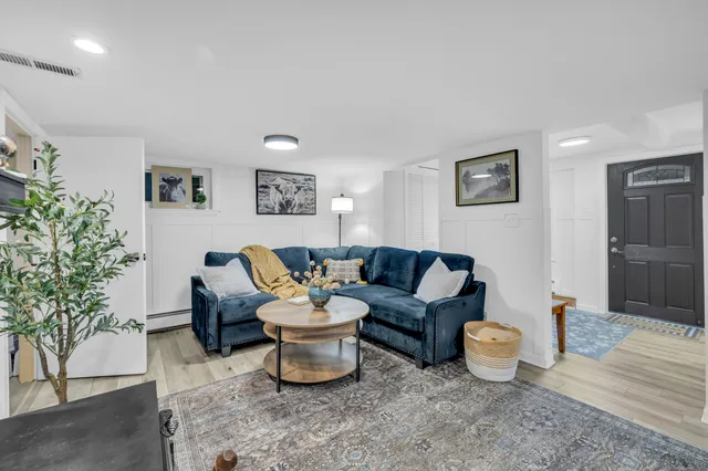 a living room with furniture and a potted plant