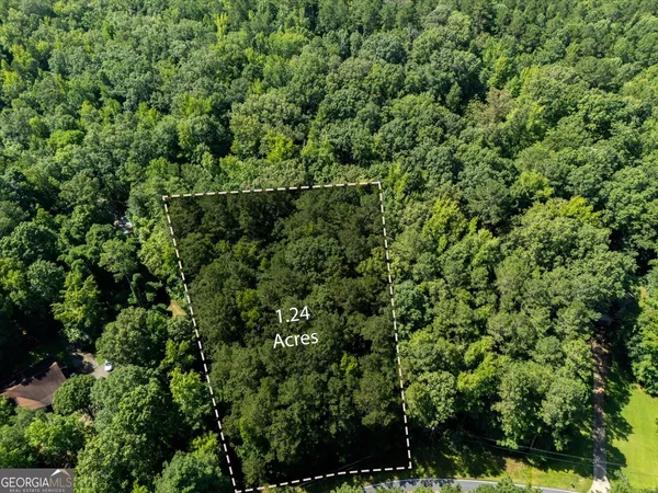 an aerial view of residential house with outdoor space and trees all around
