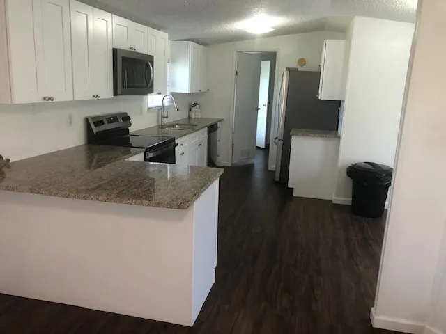 a living room with a fireplace windows and a rug