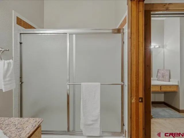 a bathroom with a shower and a sink