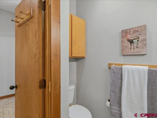 a bathroom with a toilet and a shower curtain