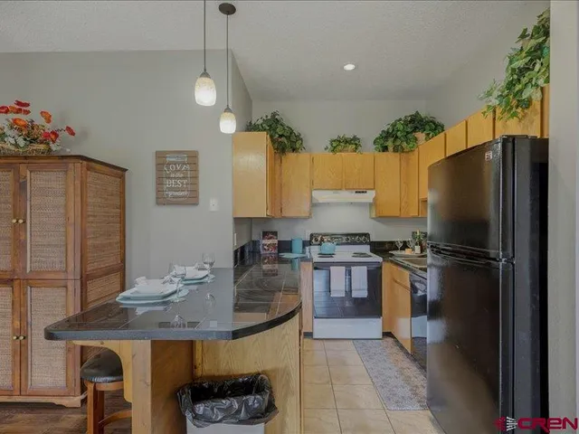 a kitchen with a refrigerator a stove a sink and a dining table