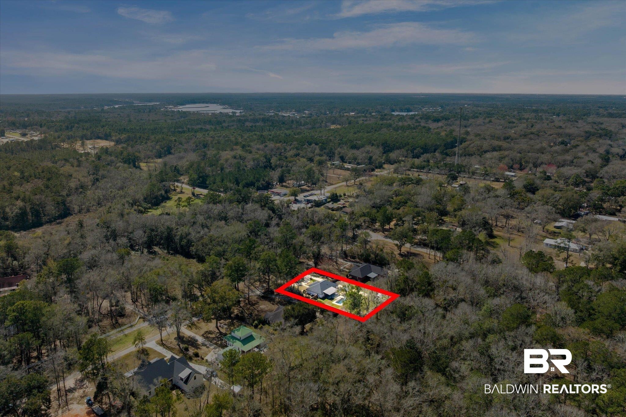 3216 Bay Booster Club Road Theodore, AL 36582 - Photo 34 of 46 Aerial view of property's location with a forest and property parcel outlined