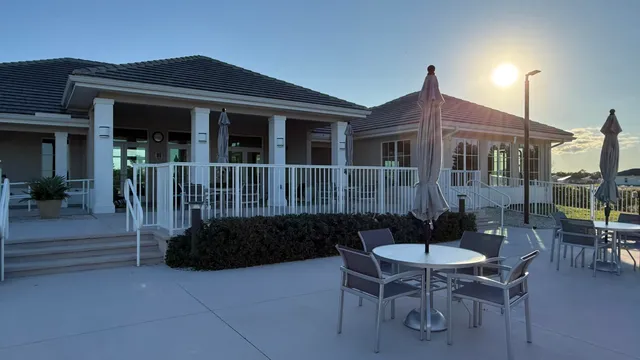 a building outdoor space with patio furniture