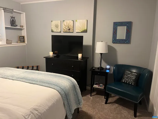 a bedroom with a bed and a television