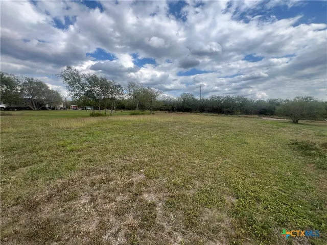 a view of a field with an trees in front of it