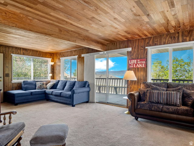 85 B Street, Unit 22 St. Charles, ID 83272 - Photo 14 of 35 Living space featuring wood walls and a wood-finish ceiling