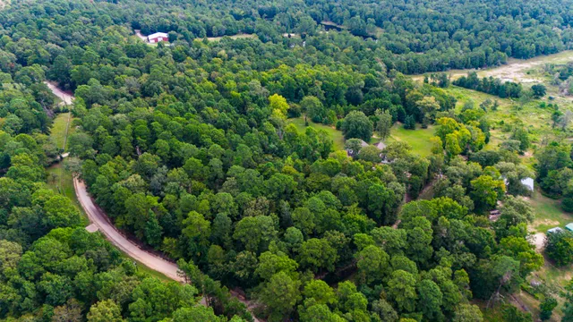 an aerial view of residential house with outdoor space and trees all around