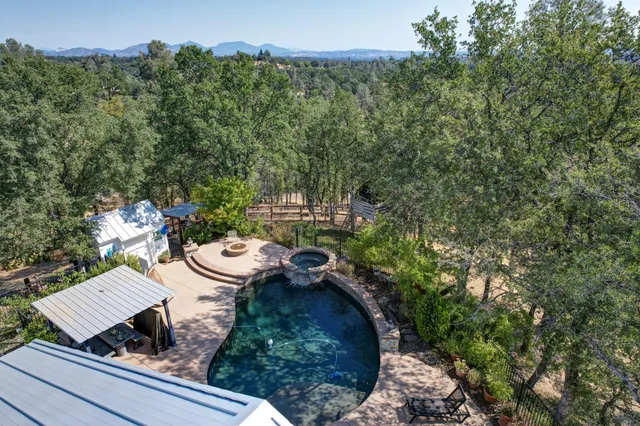 a view of a dining room and livingroom with furniture wooden floor a rug a painting and a chandelier