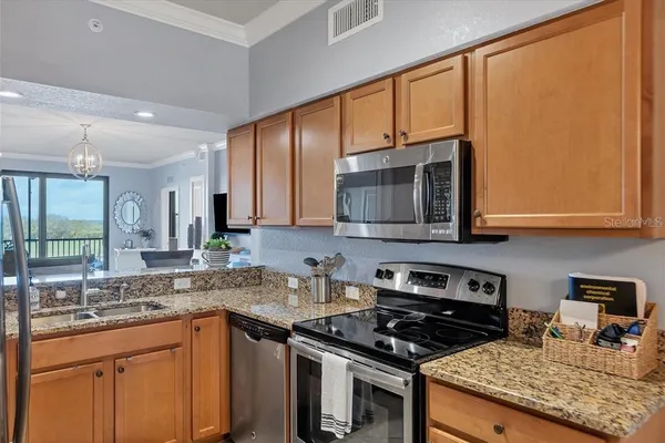 a kitchen with stainless steel appliances granite countertop a stove a sink and a microwave