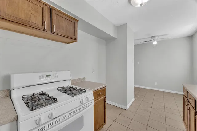 a white stove top oven sitting inside of a kitchen