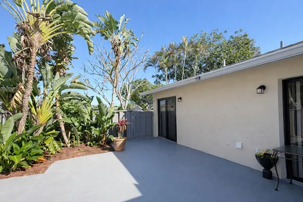 a backyard of a house with a tree