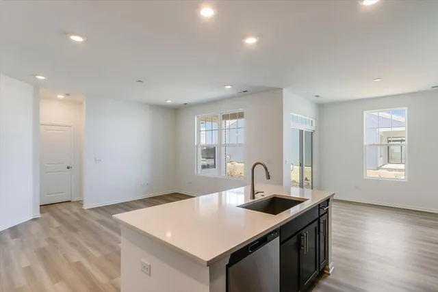 a kitchen with a sink cabinets and wooden floor