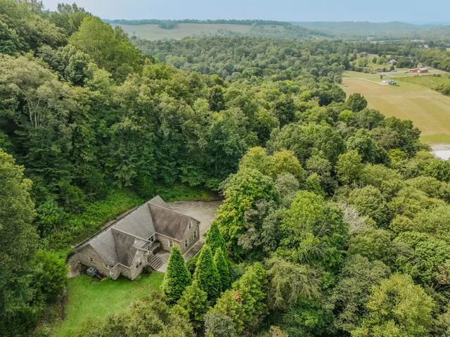 an aerial view of a house with a yard and lake view