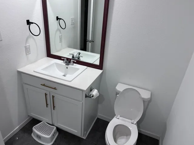 a bathroom with a toilet sink and mirror