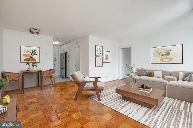 a living room with furniture and a rug