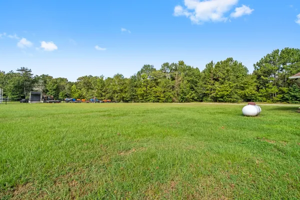 a view of a green field with trees in the background
