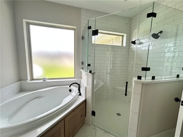 a bathroom with a bathtub and shower