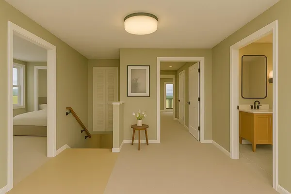 a view of a room with a furniture and mirror