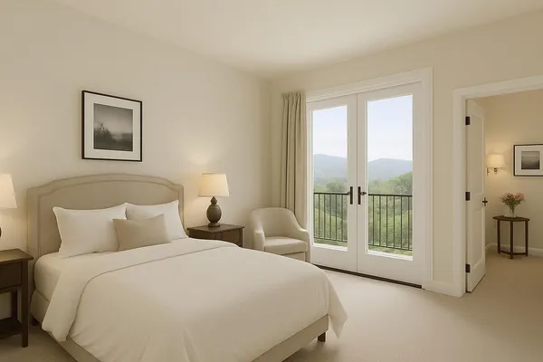 a bedroom with a large bed and a large window