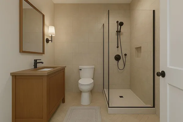 a bathroom with a shower sink and mirror