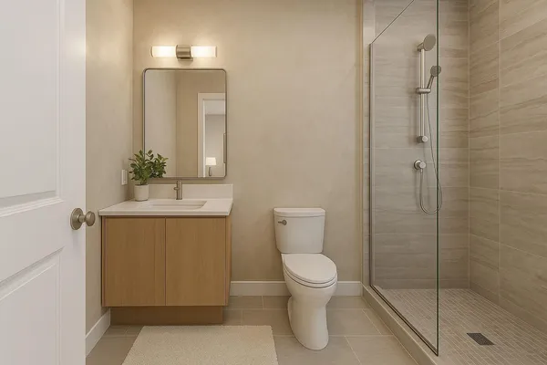 a bathroom with a toilet sink and shower