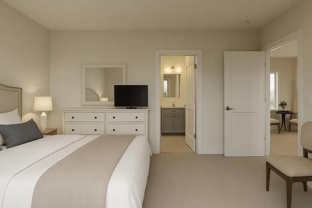 a bedroom with a bed and a view of bathroom