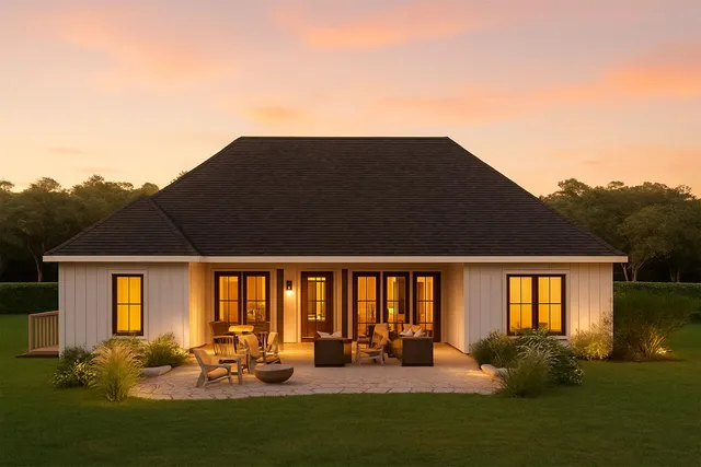 a backyard of a house with table and chairs