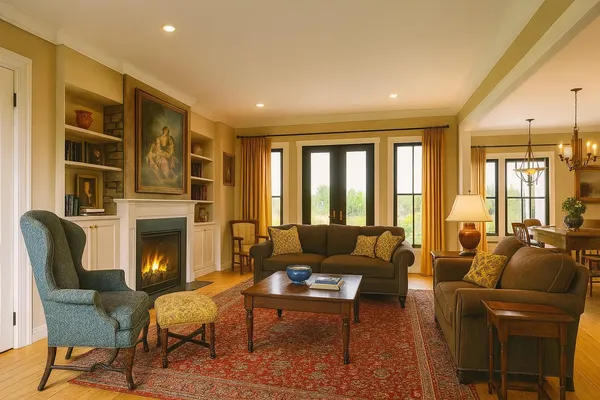 a living room with furniture fireplace and window