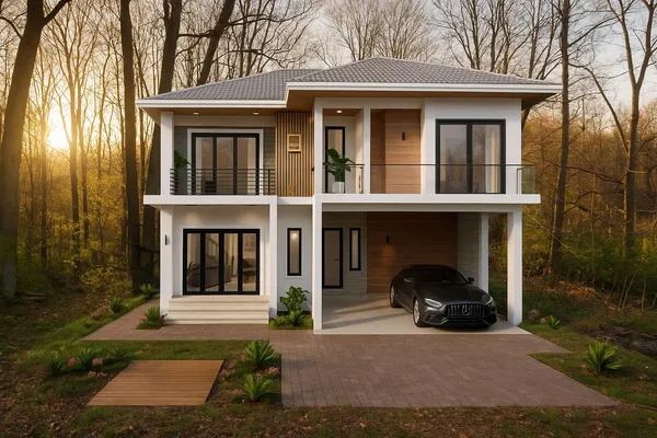 a view of a car parked in front of a house