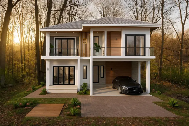 a view of a car parked in front of a house