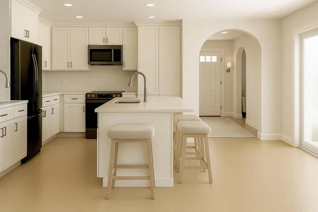 a kitchen with stainless steel appliances a stove a sink a microwave a refrigerator and cabinets