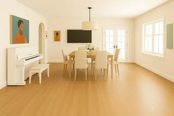 a dining room with furniture and a flat screen tv