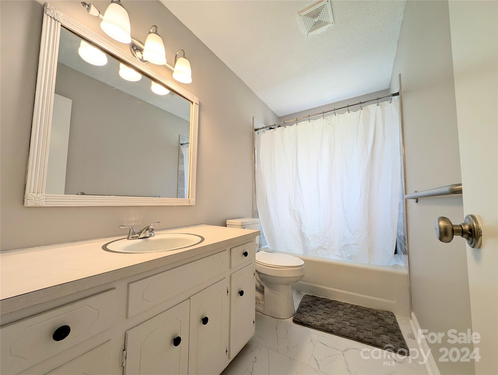 1285 Rainbow Circle Catawba, SC 29704 - Photo 16 of 23 a bathroom with a sink a toilet a mirror a vanity and shower