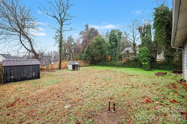 a view of a backyard with large trees