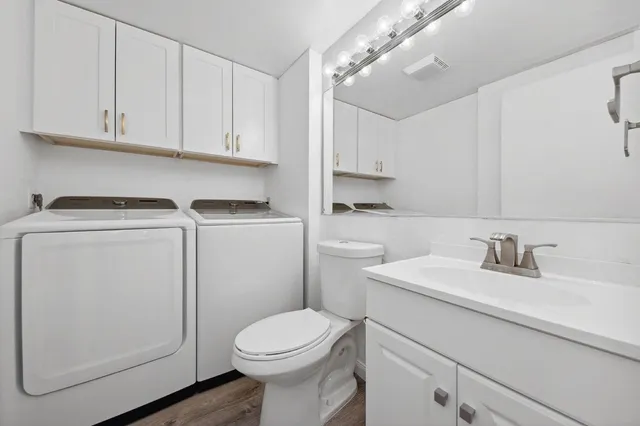 a bathroom with a sink a toilet and vanity