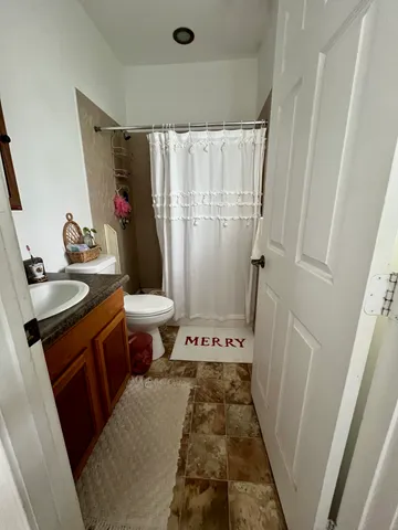 a bathroom with a sink a toilet a mirror and shower curtain