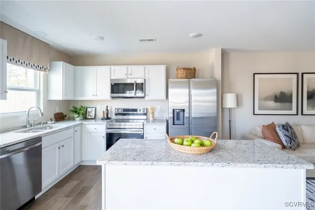 a kitchen with stainless steel appliances granite countertop a sink a stove counter space and cabinets
