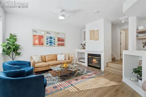 a living room with furniture a fireplace and a potted plant