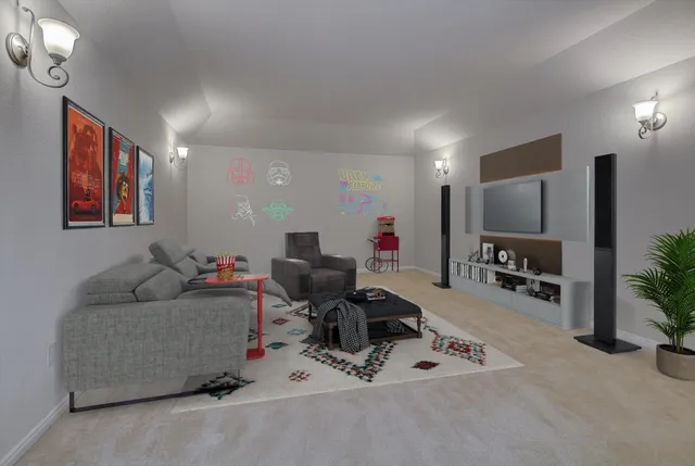 a bedroom with a bed and a couch