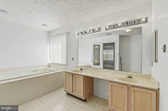 a bathroom with a tub a double vanity sink and mirror