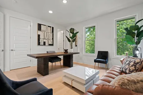 a living room with furniture and a potted plant