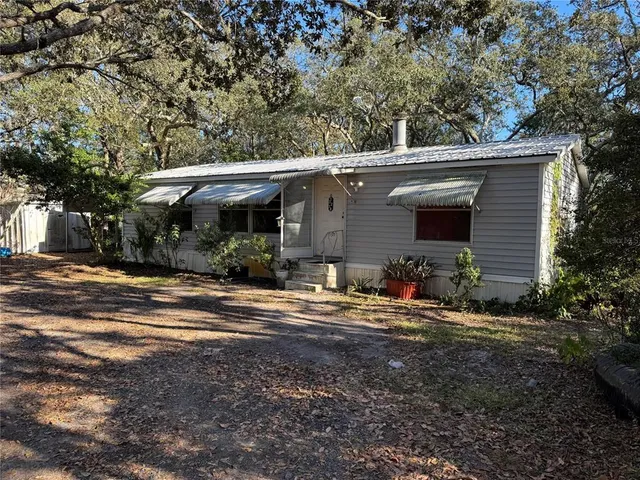 a view of a backyard with large trees