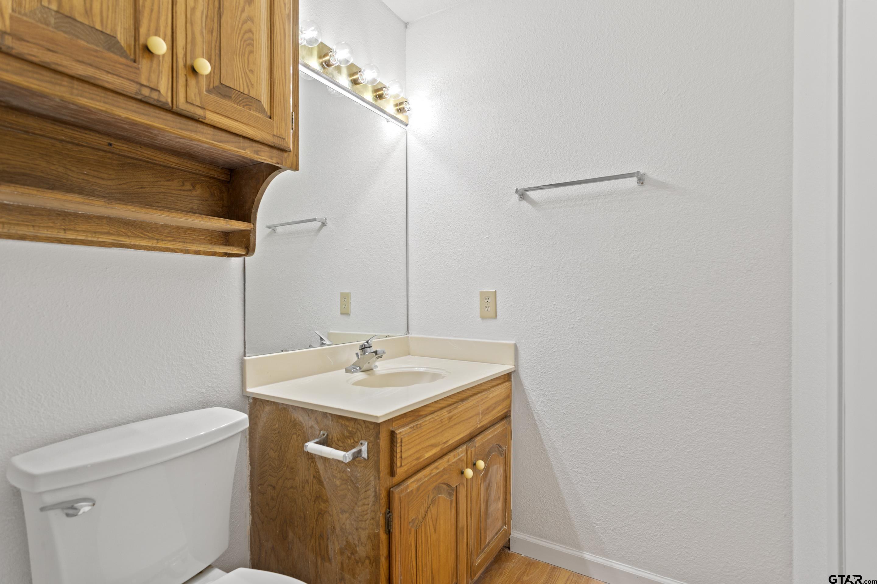 208 Treetop Lane Hideaway, TX 75771 - Photo 24 of 32 a bathroom with a sink a toilet and a mirror