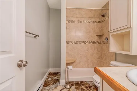 a bathroom with a sink and a shower