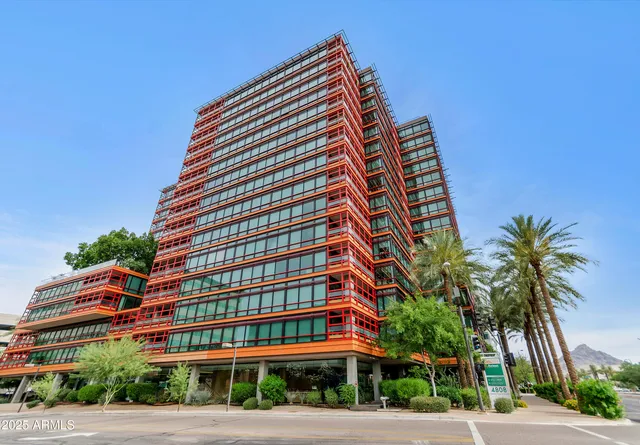 a front view of building with street