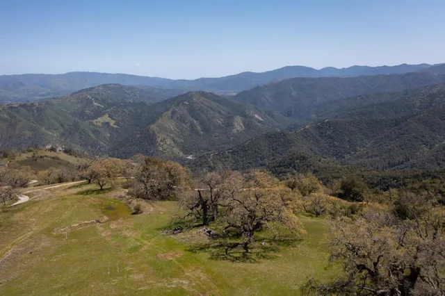 a view of a mountain in the distance in a field